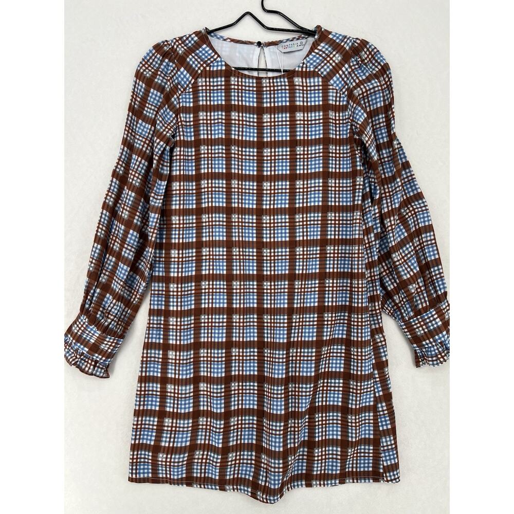 Compania Fantastica XS Plaid Dress Blue Brown Long Sleeve Shift NWT Spain